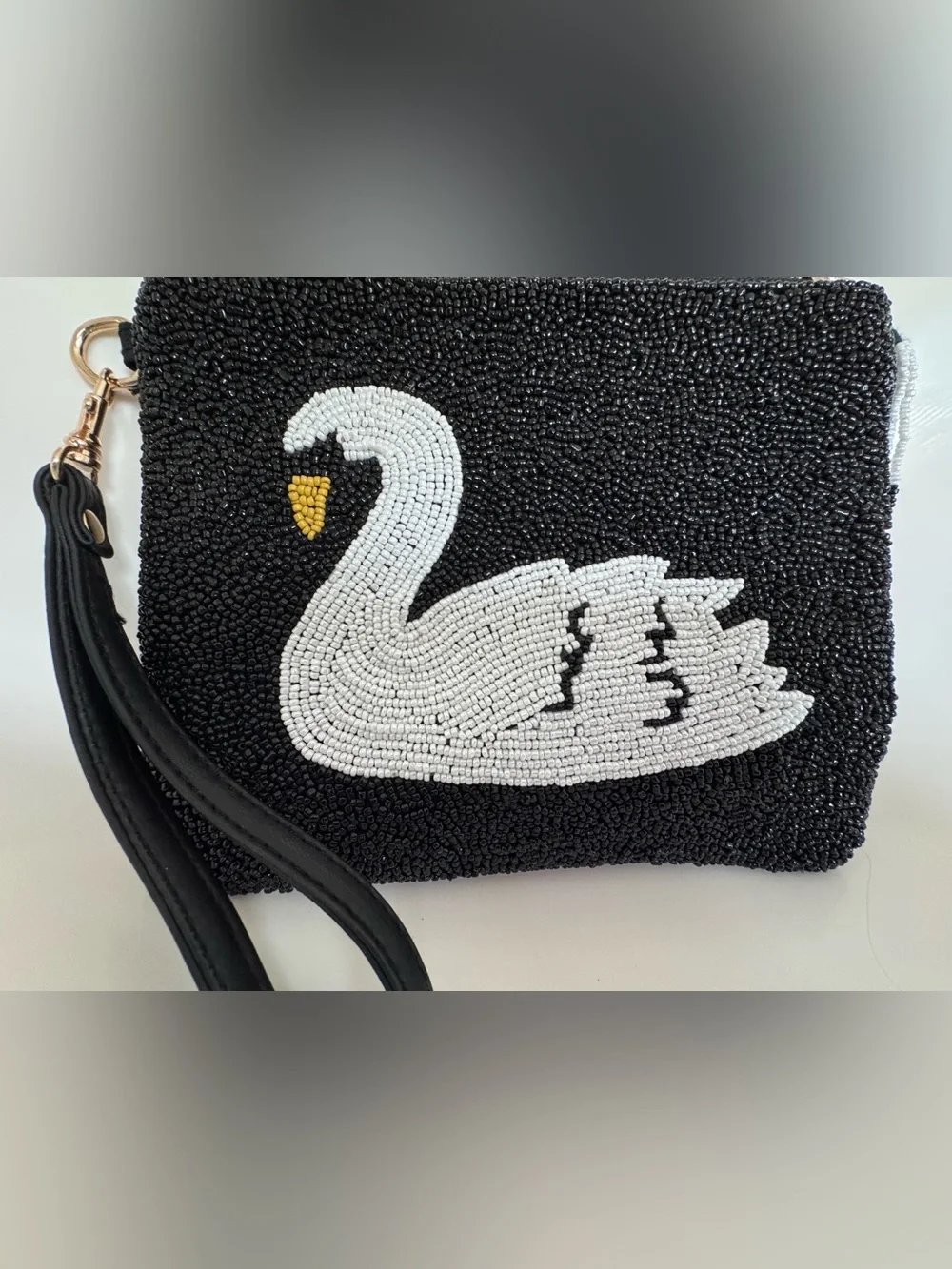 Sincerely Jules Swan Beaded Wristlet Clutch Black White Statement Evening Bag